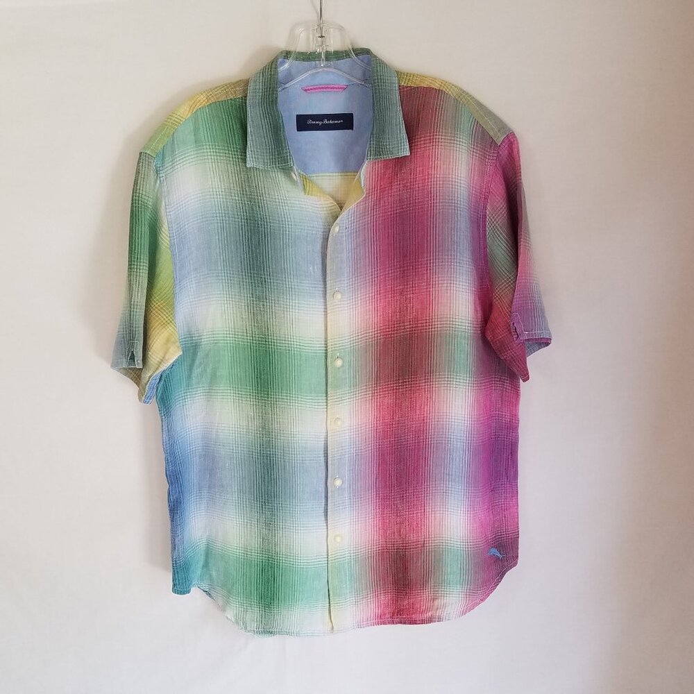 Tommy Bahama 100% Linen Plaid Ombre Hawaiin Button Front S/S Shirt Men's Medium